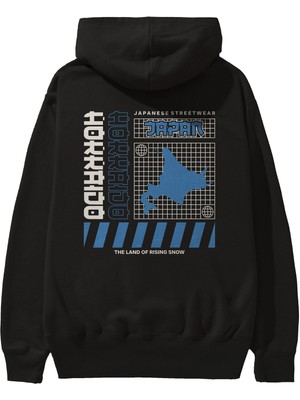 Ankhises Hokkaido 2 Arka Baskılı Siyah Oversize Kapüşonlu Sweatshirt Erkek Kadın
