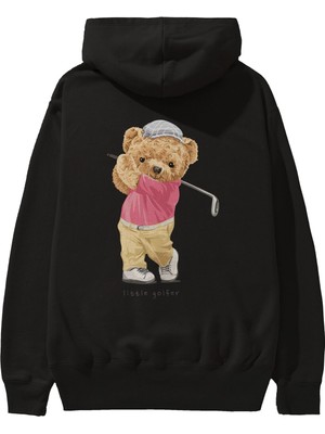 Ankhises Teddy Bear Little Golfer Arka Baskılı Siyah Oversize Kapüşonlu Sweatshirt Erkek Kadın