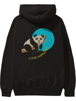 Ankhises Panda Love Hanging Arka Baskılı Siyah Oversize Kapüşonlu Sweatshirt Erkek Kadın
