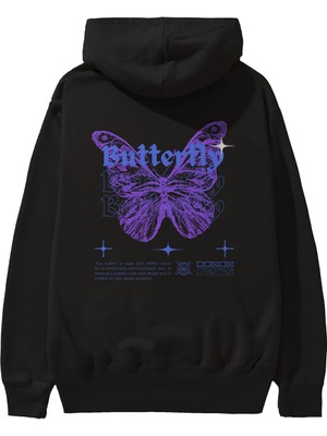 Ankhises Butterfly Streetwear Arka Baskılı Siyah Oversize Kapüşonlu Sweatshirt Erkek Kadın