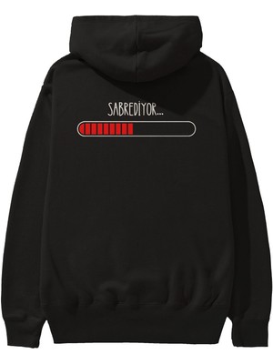 Ankhises Sabrediyor Yazılı Arka Baskılı Siyah Oversize Kapüşonlu Sweatshirt Erkek Kadın
