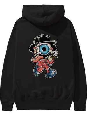 Ankhises Eyeball Monster Arka Baskılı Siyah Oversize Kapüşonlu Sweatshirt Erkek Kadın