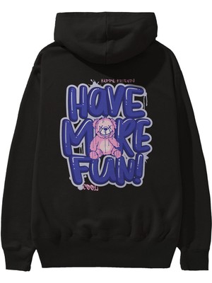 Ankhises Have More Fun Bear Arka Baskılı Siyah Oversize Kapüşonlu Sweatshirt Erkek Kadın