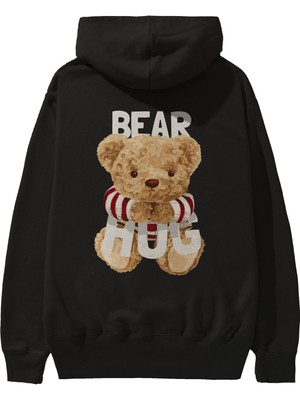 Ankhises Teddy Bear Hug Arka Baskılı Siyah Oversize Kapüşonlu Sweatshirt Erkek Kadın