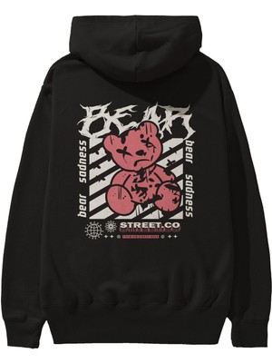 Ankhises Bear Sadness Arka Baskılı Siyah Oversize Kapüşonlu Sweatshirt Erkek Kadın