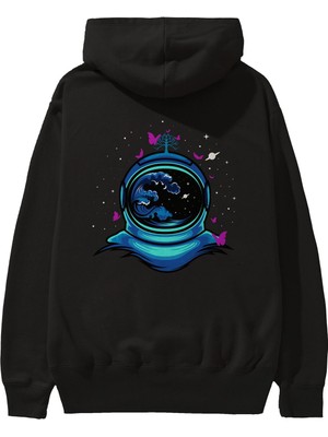 Ankhises Astronaut And Butterfly Arka Baskılı Siyah Oversize Kapüşonlu Sweatshirt Erkek Kadın