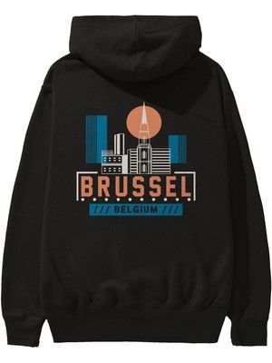 Ankhises Brussel Arka Baskılı Siyah Oversize Kapüşonlu Sweatshirt Erkek Kadın