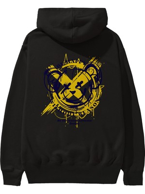 Ankhises Be Happy Bear 2 Arka Baskılı Siyah Oversize Kapüşonlu Sweatshirt Erkek Kadın