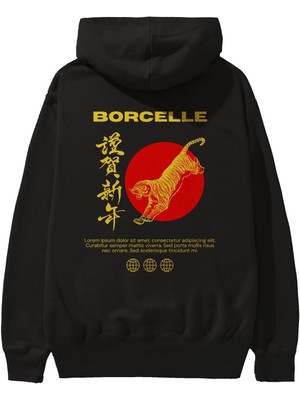 Ankhises Borcelle Tiger Streetwear Arka Baskılı Siyah Oversize Kapüşonlu Sweatshirt Erkek Kadın