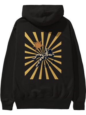 Ankhises Astronot Chillin Arka Baskılı Siyah Oversize Kapüşonlu Sweatshirt Erkek Kadın