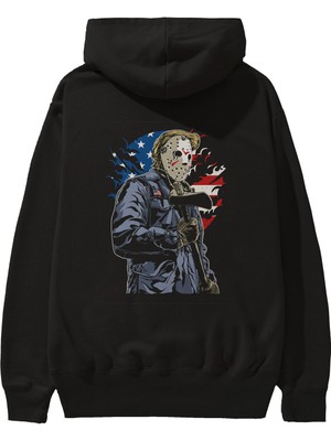 Ankhises American Killer Arka Baskılı Siyah Oversize Kapüşonlu Sweatshirt Erkek Kadın