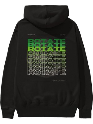 Ankhises Rotate Yazılı Arka Baskılı Siyah Oversize Kapüşonlu Sweatshirt Erkek Kadın