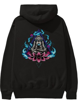 Ankhises Astronaut Meditation Arka Baskılı Siyah Oversize Kapüşonlu Sweatshirt Erkek Kadın