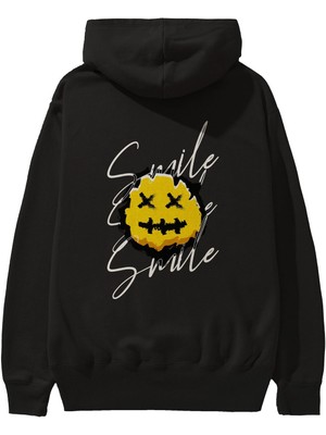 Ankhises Smile Emoji Arka Baskılı Siyah Oversize Kapüşonlu Sweatshirt Erkek Kadın