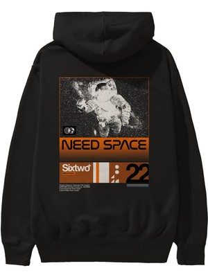 Ankhises Need Space Arka Baskılı Siyah Oversize Kapüşonlu Sweatshirt Erkek Kadın