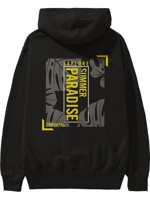 Ankhises Explore Summer Arka Baskılı Siyah Oversize Kapüşonlu Sweatshirt Erkek Kadın
