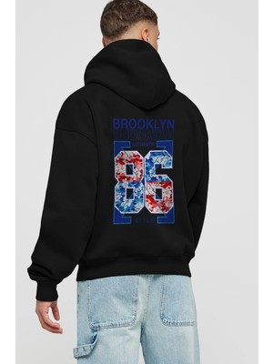 Ankhises Brooklyn 86 Style Arka Baskılı Siyah Oversize Kapüşonlu Sweatshirt Erkek Kadın