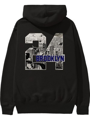 Ankhises Brooklyn 24 Arka Baskılı Siyah Oversize Kapüşonlu Sweatshirt Erkek Kadın