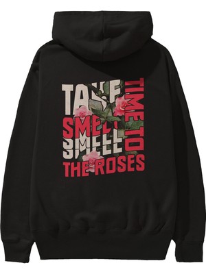 Ankhises Take Time To Smell Roses Arka Baskılı Siyah Oversize Kapüşonlu Sweatshirt Erkek Kadın