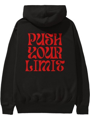 Ankhises Push Your Limit Yazılı 2 Arka Baskılı Siyah Oversize Kapüşonlu Sweatshirt Erkek Kadın