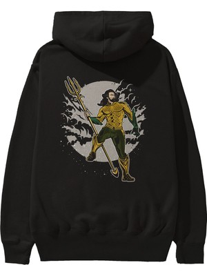 Ankhises Aquaman Arka Baskılı Siyah Oversize Kapüşonlu Sweatshirt Erkek Kadın