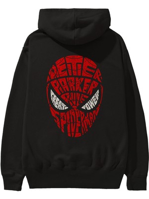 Ankhises Spiderman Arka Baskılı Siyah Oversize Kapüşonlu Sweatshirt Erkek Kadın