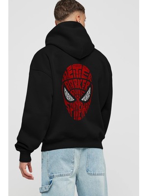 Ankhises Spiderman Arka Baskılı Siyah Oversize Kapüşonlu Sweatshirt Erkek Kadın