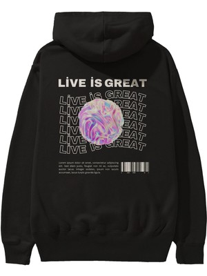 Ankhises Live Is Great Yazılı Arka Baskılı Siyah Oversize Kapüşonlu Sweatshirt Erkek Kadın