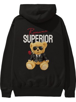 Ankhises Teddy Bear Romance Superior Arka Baskılı Siyah Oversize Kapüşonlu Sweatshirt Erkek Kadın
