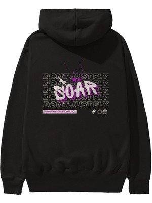 Ankhises Soar Dont Just Fly Yazılı Arka Baskılı Siyah Oversize Kapüşonlu Sweatshirt Erkek Kadın