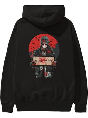 Ankhises Kill For Food Arka Baskılı Siyah Oversize Kapüşonlu Sweatshirt Erkek Kadın