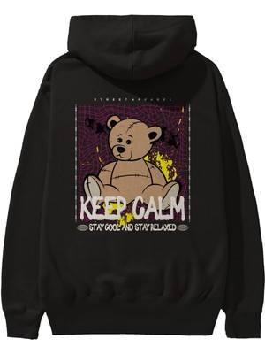 Ankhises Keep Calm Bear Arka Baskılı Siyah Oversize Kapüşonlu Sweatshirt Erkek Kadın
