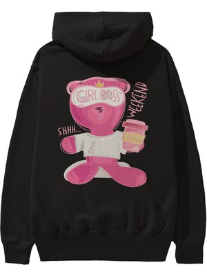 Ankhises Girl Boss Bear Arka Baskılı Siyah Oversize Kapüşonlu Sweatshirt Erkek Kadın