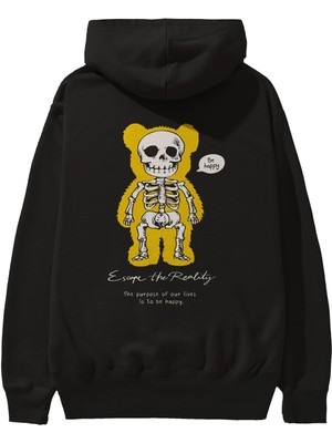 Ankhises Be Happy Bear Arka Baskılı Siyah Oversize Kapüşonlu Sweatshirt Erkek Kadın