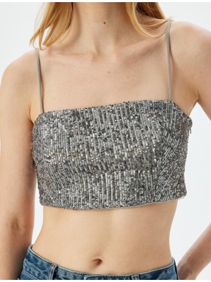 Pullu Payetli Ip Askılı Crop Kare Yaka Abiye Bluz