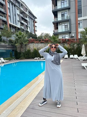 Gri Sabit Başörtülü Poliamid Esnek Namaz Spor Havuz Elbise