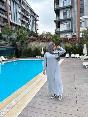 Gri Sabit Başörtülü Poliamid Esnek Namaz Spor Havuz Elbise