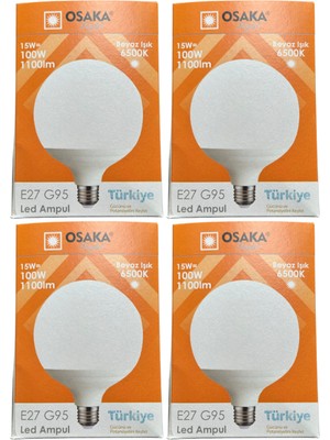 Osaka 15W (100W) 6500K (Beyaz Işık) E27 Duylu G95 LED Glop Ampul (4 Adet)