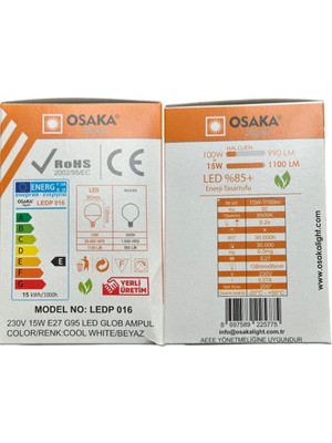 Osaka 15W (100W) 6500K (Beyaz Işık) E27 Duylu G95 LED Glop Ampul (4 Adet)