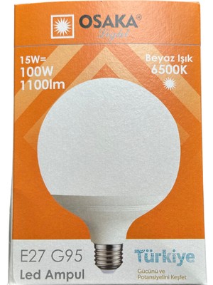 Osaka 15W (100W) 6500K (Beyaz Işık) E27 Duylu G95 LED Glop Ampul