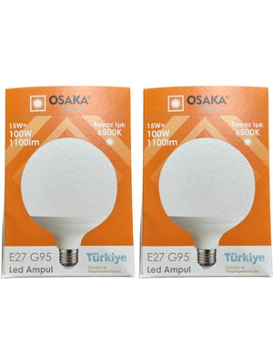 Osaka 15W (100W) 6500K (Beyaz Işık) E27 Duylu G95 LED Glop Ampul (2 Adet)