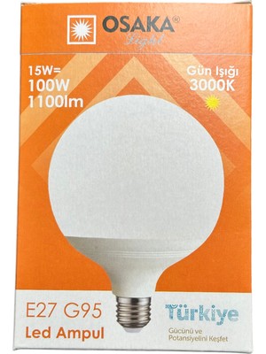 Osaka 15W (100W) 3000K (Günışığı) E27 Duylu G95 LED Glop Ampul