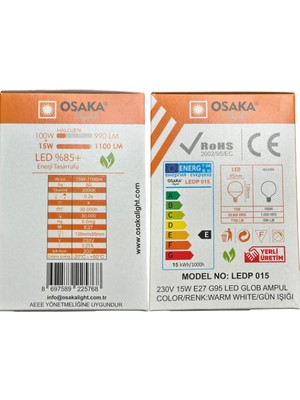 Osaka 15W (100W) 3000K (Günışığı) E27 Duylu G95 LED Glop Ampul