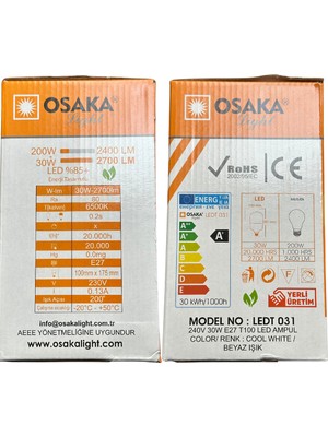 Osaka 30W (200W) 6500K (Beyaz Işık) E27 Duylu LED Torch Ampul (4 Adet)