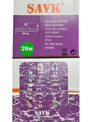 Şavk 26W (260W) 6500K (Beyaz Işık) E27 Duylu LED Ufo Ampul (4 Adet)