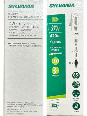 Sylvania 4,5W (37W) 2500K (Sarı Işık) E14 Duylu Eski Tip Görünümlü LED Ampul (8 Adet)