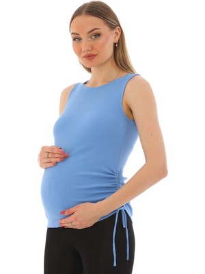 Meghan L.A Mavi Hamile Pamuklu Kumaş Kalın Askılı T-shirt