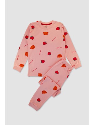 Elmas Kids Kız Çocuk % 100 Pamuk Pembe Çilek Desenli Uzun Kollu Pijama Takımı