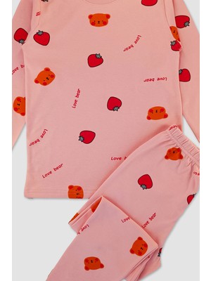 Elmas Kids Kız Çocuk % 100 Pamuk Pembe Çilek Desenli Uzun Kollu Pijama Takımı