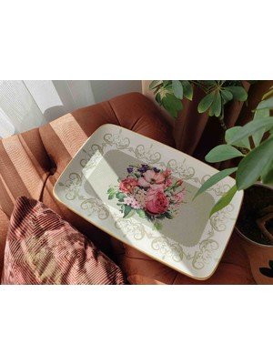 Ebruli Emaye Vintage Çiçek Demeti Dekor Stoneware Ordövr Tabağı